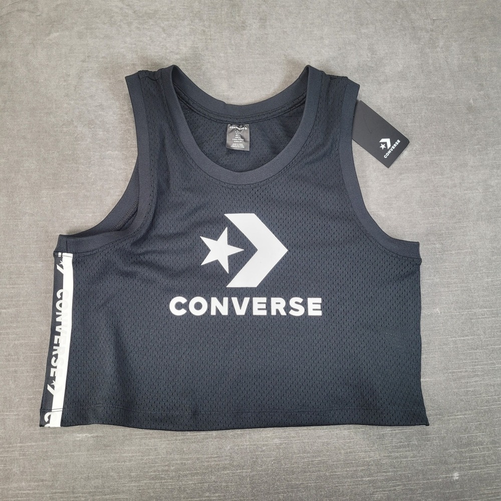 Converse Womens Black Mesh Star Chevron Logo Cropped Tank Top‎ Large New